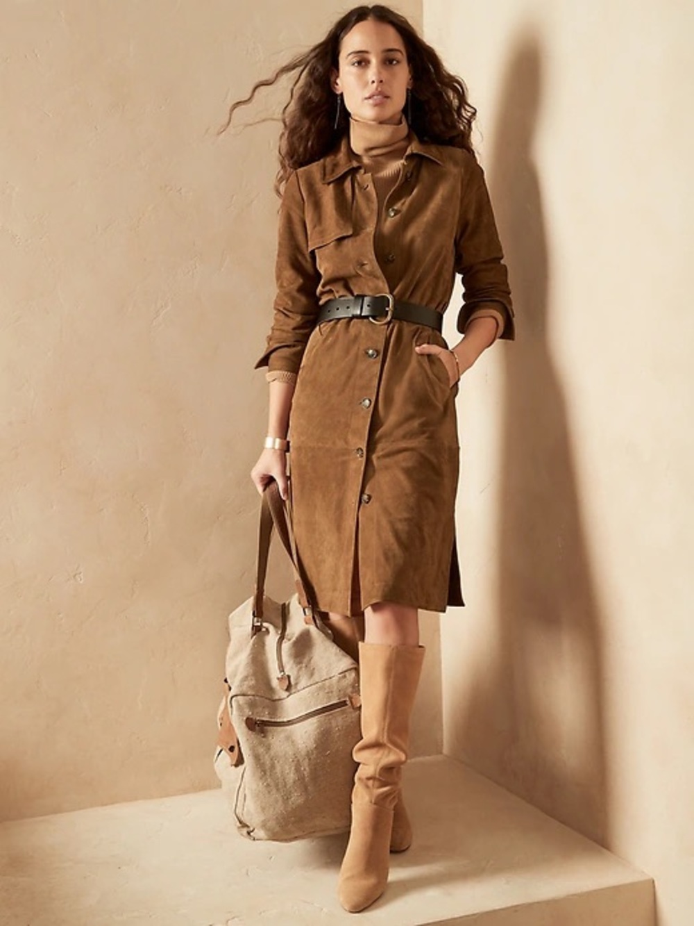 NWT Banana Republic 100% Goat Suede Trench Shift Dress, Small, Golden Chestnut